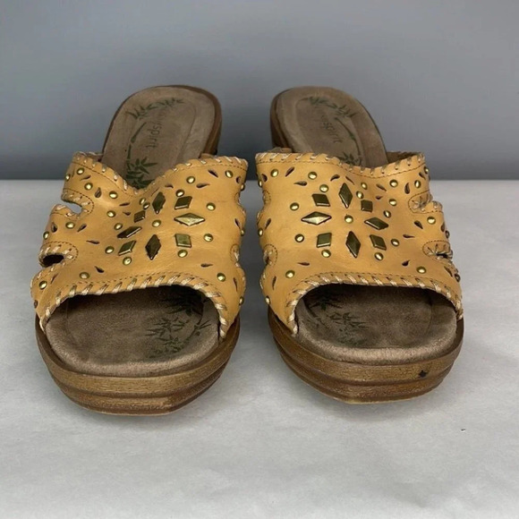 EASY SPIRIT Melinka Sandals Tan Cutout Leather Slide Brass Platform Size 7.5 - Picture 3 of 10